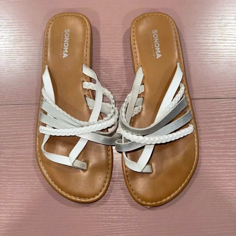 Sonoma Goods for Life White & Tan Flip Flop Sandal Thongs Size medium